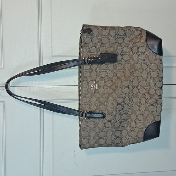 Coach Handbags - Coach factory large signature canvas leather zip tote shoulder bag - brown/tan